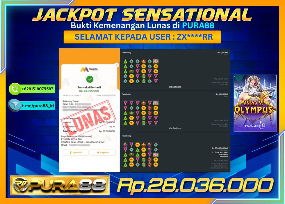 PURA88 JACKPOT GATES OF OLYMPUS Rp 28.036.000,- LUNAS